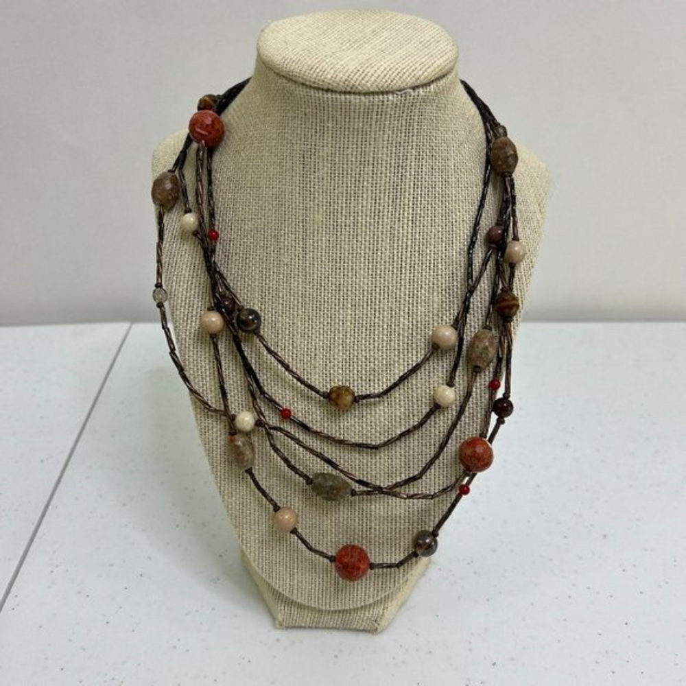 Chicos Necklace Orange Brown Gemstone Multi Strand Layered Statement Copper Tone